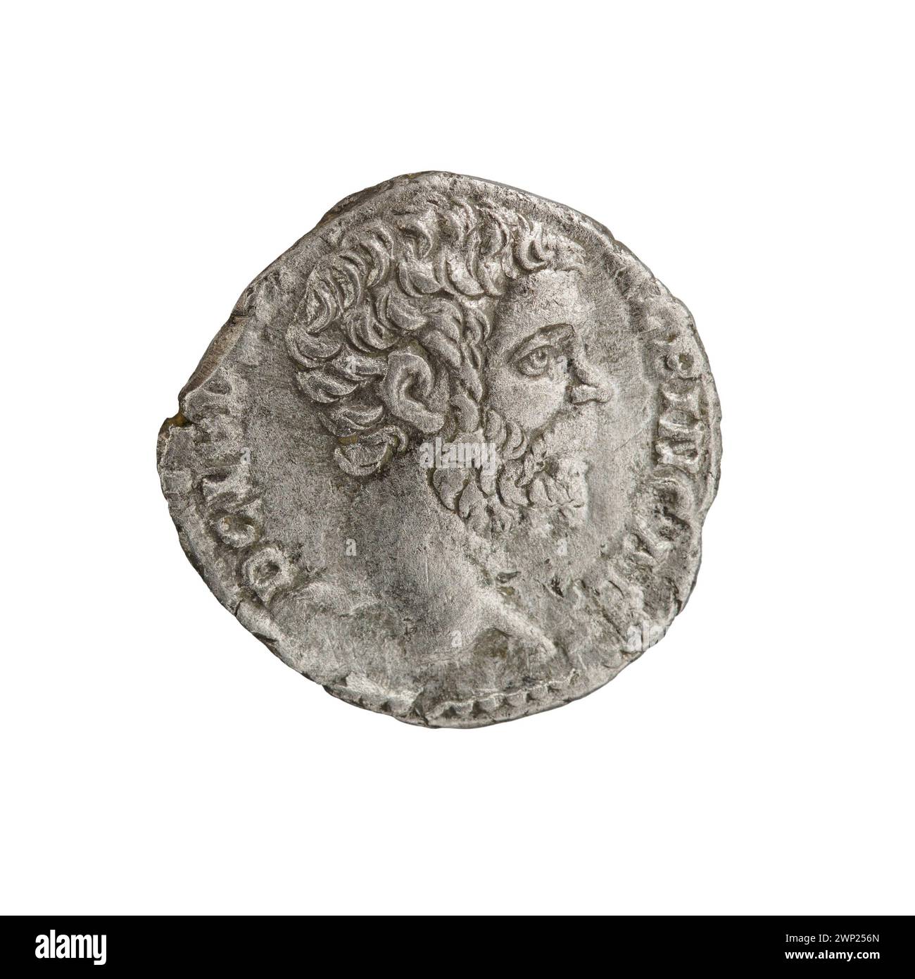 Denar, ausgestellt zwischen 194 und 195 unter den römischen Kaisern Septimius Severus und Clodius Albinus, mit Silberprägungen, kaiserlichen Porträts und Inschriften, die typisch für die römische Geldpraxis des späten 2. Jahrhunderts sind. Stockfoto