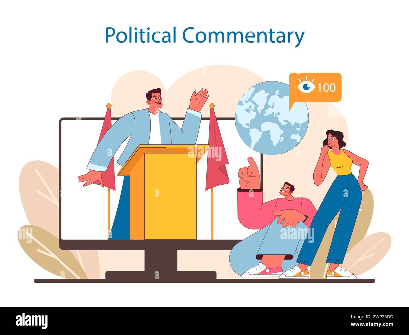 Civic Engagement Online-Konzept. Digitale Darstellung politischer Kommentare mit Bürgern, die globale Themen diskutieren. Interaktiver Bürgerdiskurs in einer vernetzten Welt. Illustration des flachen Vektors. Stock Vektor