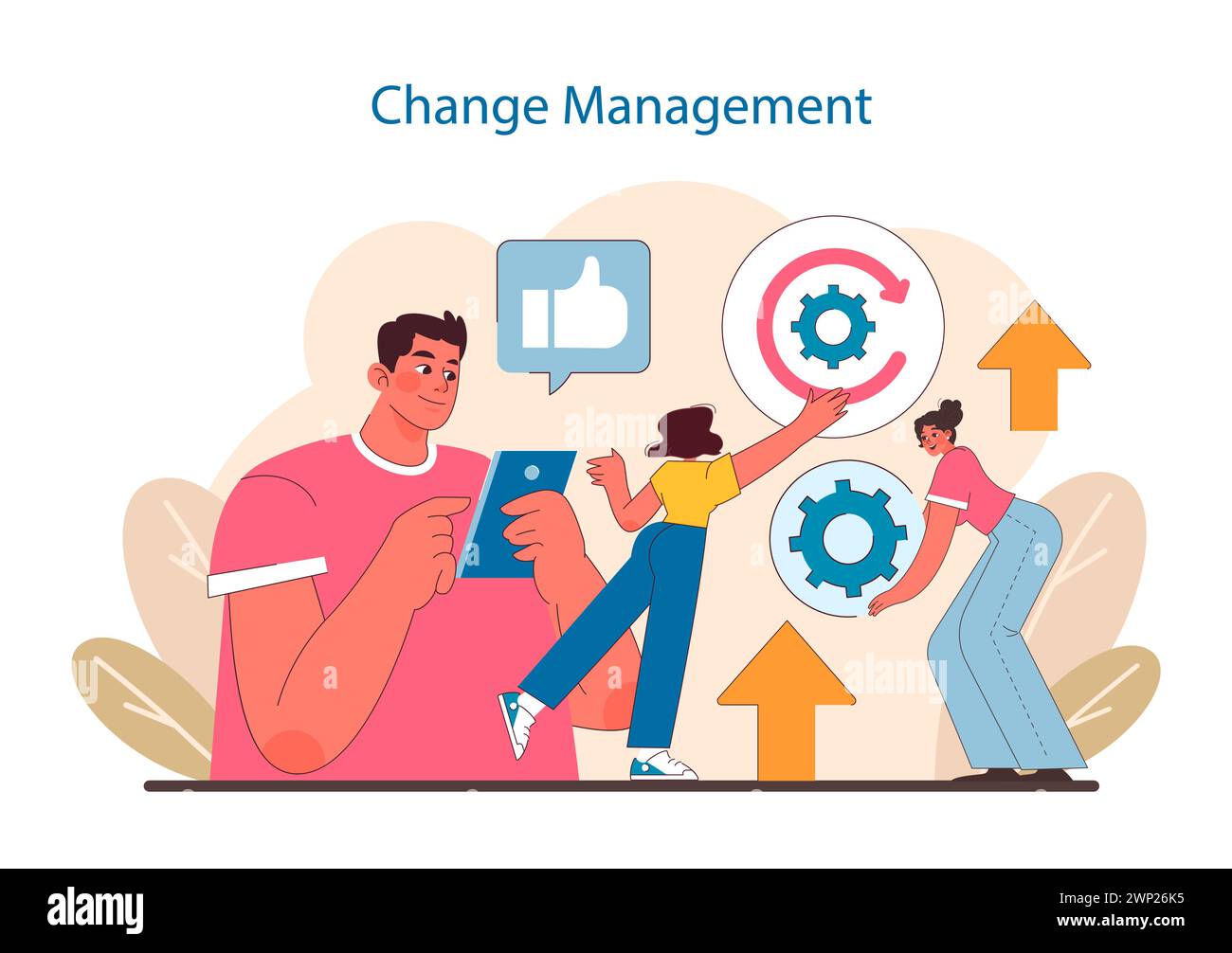 Änderungsmanagement im IT-Projektmanagement. Visualisiert den Anpassungsprozess, unterstützt Innovationen und implementiert Verbesserungen. Konzentrieren Sie sich auf die dynamische emotionale Bindung im Team. Illustration des flachen Vektors. Stock Vektor