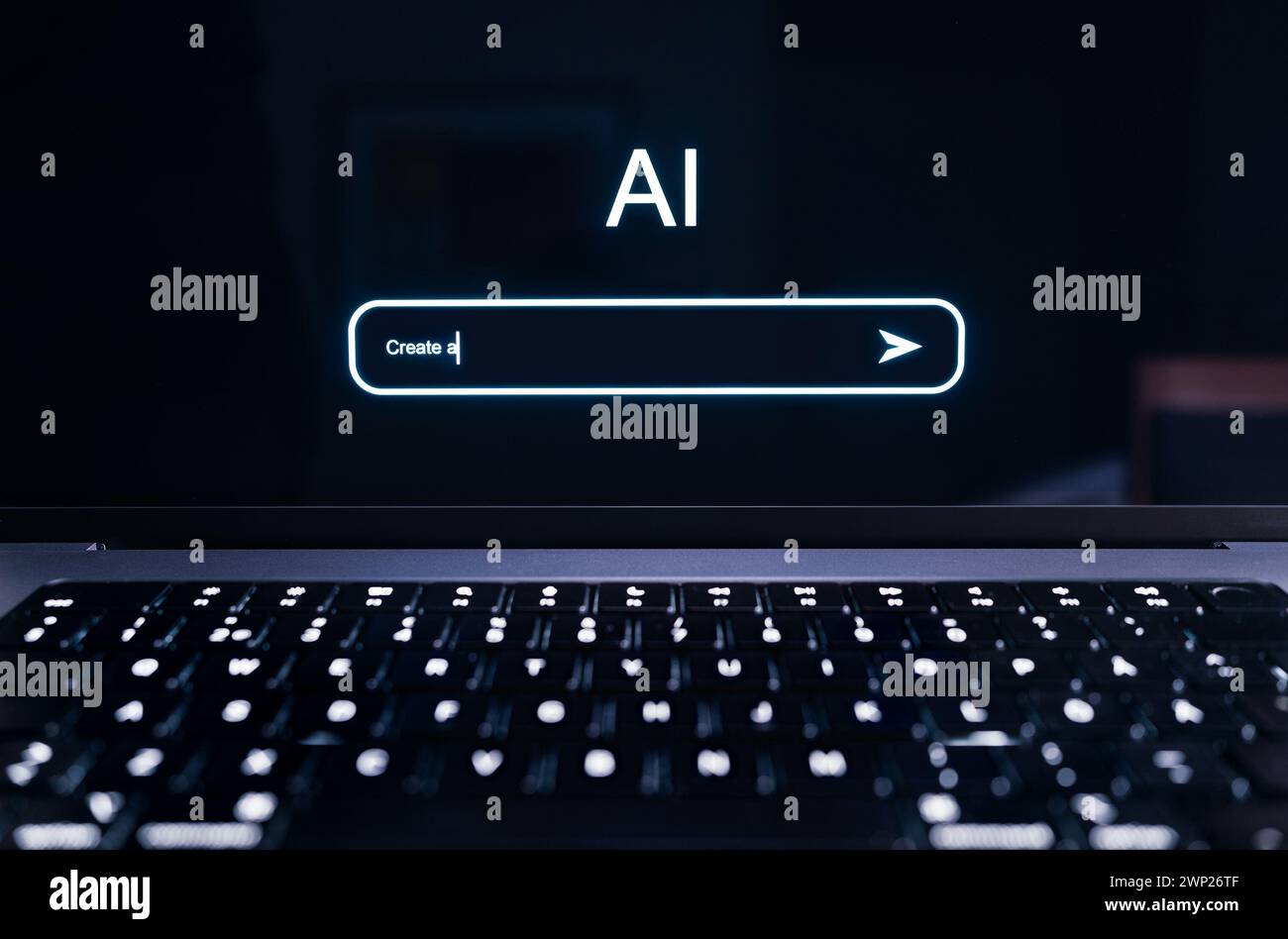 AI-Eingabeaufforderung im Chat-Bildschirm. Künstliche Intelligenz im generativen Chatbot. Befehl zum Generieren von Text oder Bild mit neuer Technologie. Digitale Robotertechnologie. Stockfoto