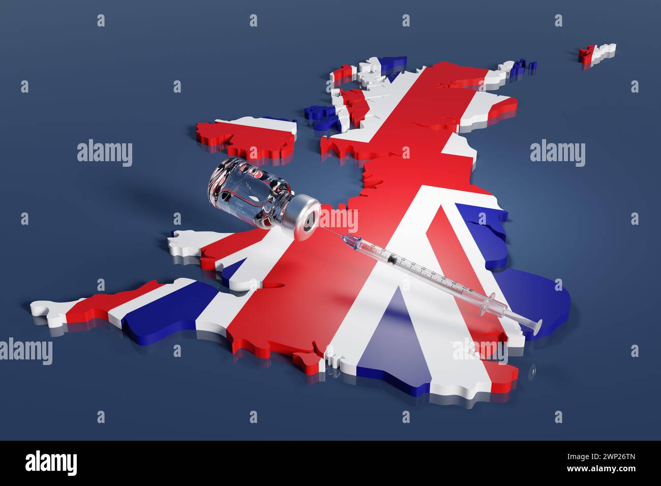 Spritze und eine Durchstechflasche über der Karte des Vereinigten Königreichs. Illustration des Konzepts der Impfung und Immunisierung im Vereinigten Königreich Stockfoto