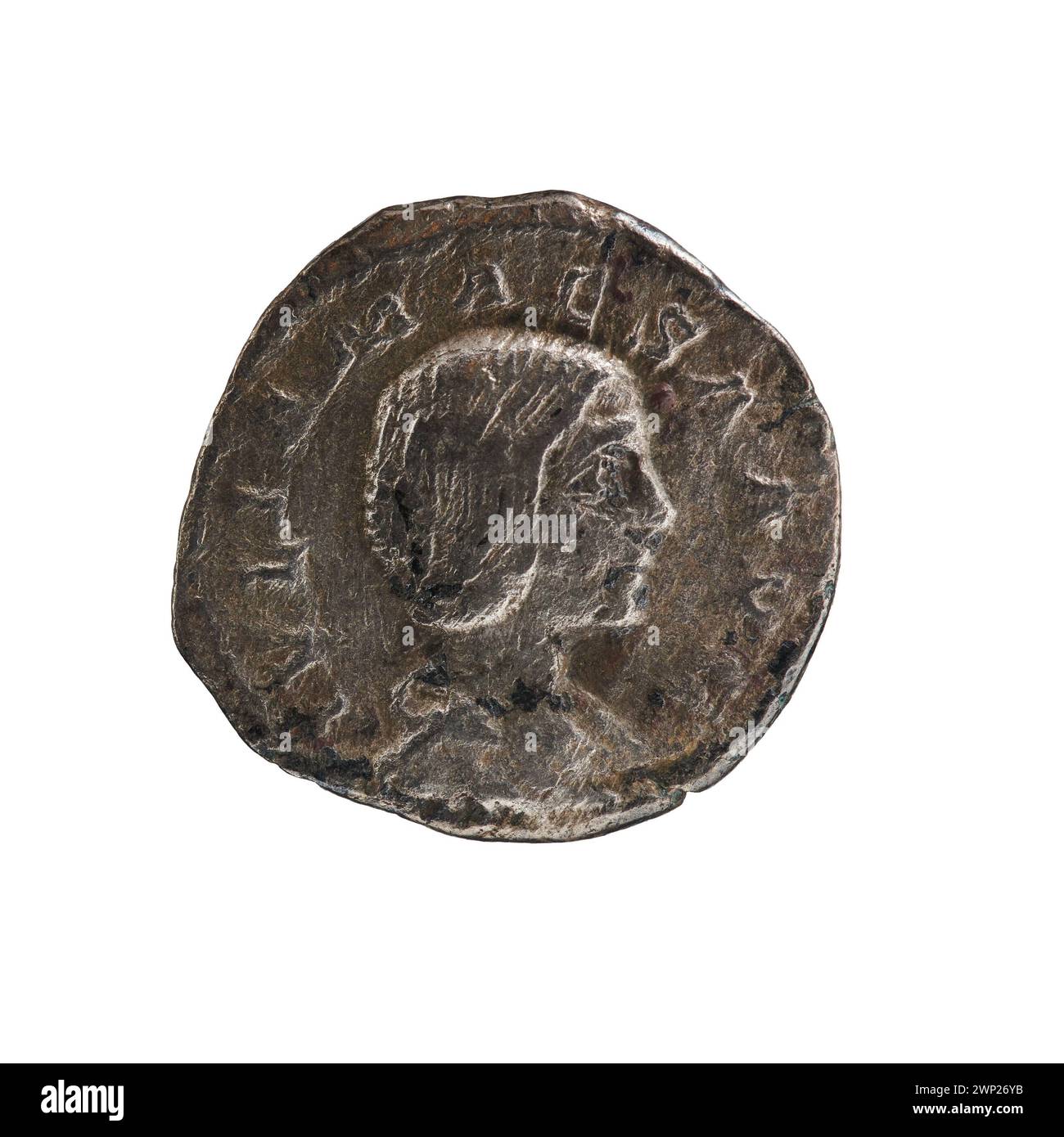 Silberdenar, ausgestellt von 218 bis 223 unter Heliogabal und Julia Maesa, zeigt römische Kaiserporträts und Inschriften, die typisch für die Münzprägung des frühen 3. Jahrhunderts sind. Stockfoto