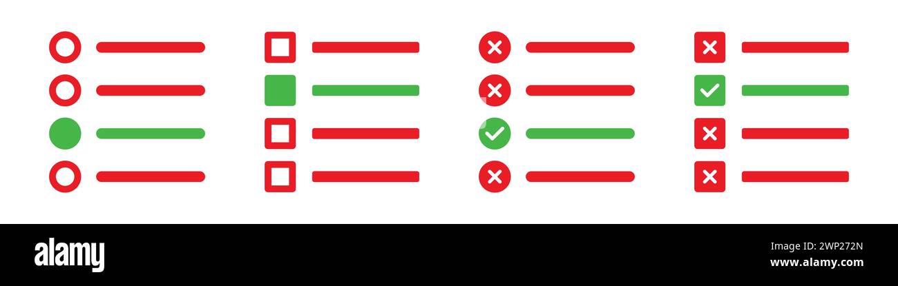 Kreuzen Sie die richtige Option Quiz Vektor-Illustration mit rotem Kreuz und grünem Häkchen an. Online-Test mit Häkchen. To-do-Liste mit Kontrollkästchen. Stock Vektor