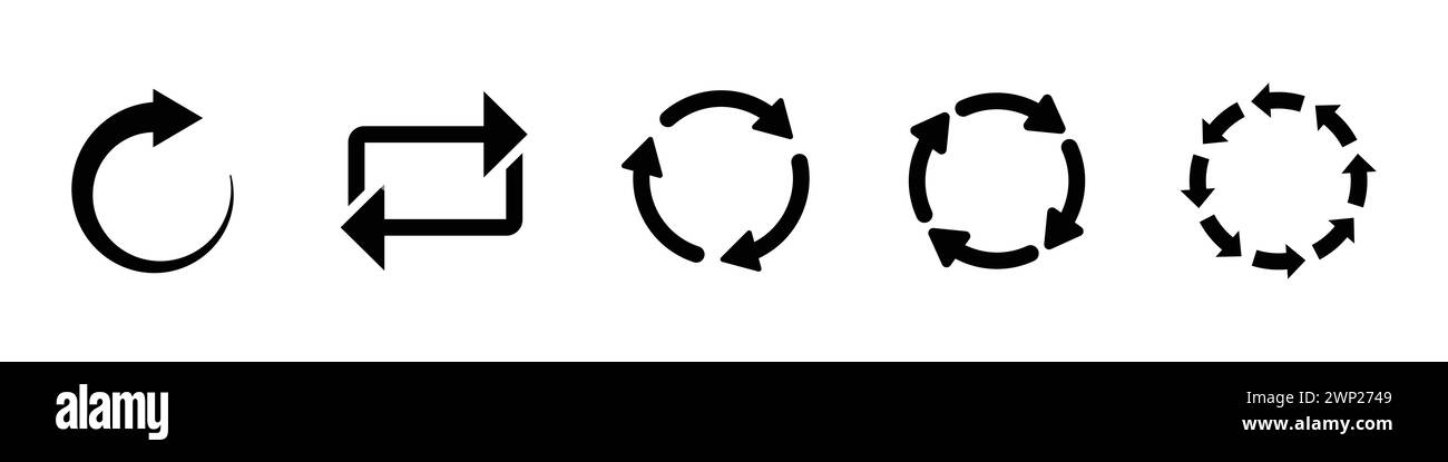 Kreisförmiges Recycling-Symbol in schwarzer Farbe. Kreissymbolgruppe für den Wiederverwendungspfeil. Kreisförmiges Recycling, Wiederverwendung, Neuladen, Aktualisieren, Wiederholen des Symbols in schwarzer Farbe. Stock Vektor