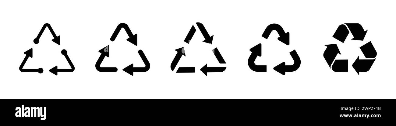 Recycling-Symbol in schwarzer Farbe. Symbolsatz für den wiederverwendbaren Dreieck-Pfeil. Dreieckige Wiederverwendung von Symbolen. Satz dreieckiger Recycling-Symbole in Schwarz. Stock Vektor