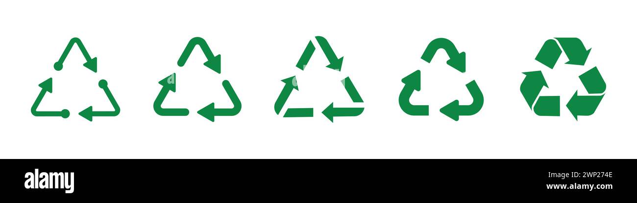 Recycling-Symbol in grüner Farbe. Symbolsatz für den wiederverwendbaren Dreieck-Pfeil. Dreieckige Wiederverwendung von Symbolen. Satz dreieckiger Recycling-Symbole in Grün. Stock Vektor