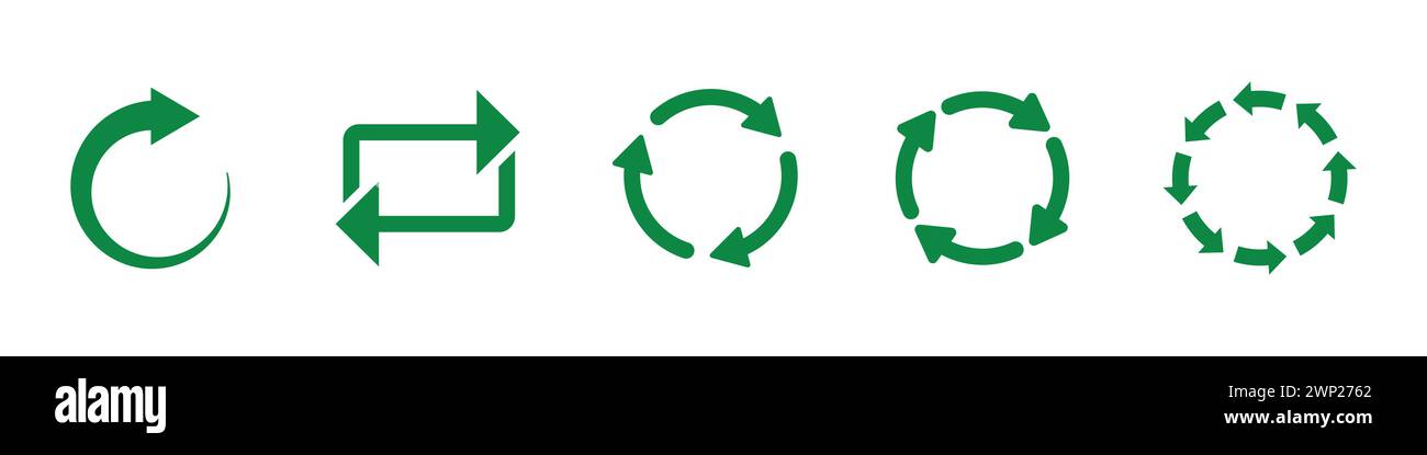 Kreisförmiges Recycling-Symbol in grüner Farbe. Kreissymbolgruppe für den Wiederverwendungspfeil. Kreisförmiges Recycling, Wiederverwendung, Neuladen, Aktualisieren, Wiederholen des Symbols in grüner Farbe. Stock Vektor