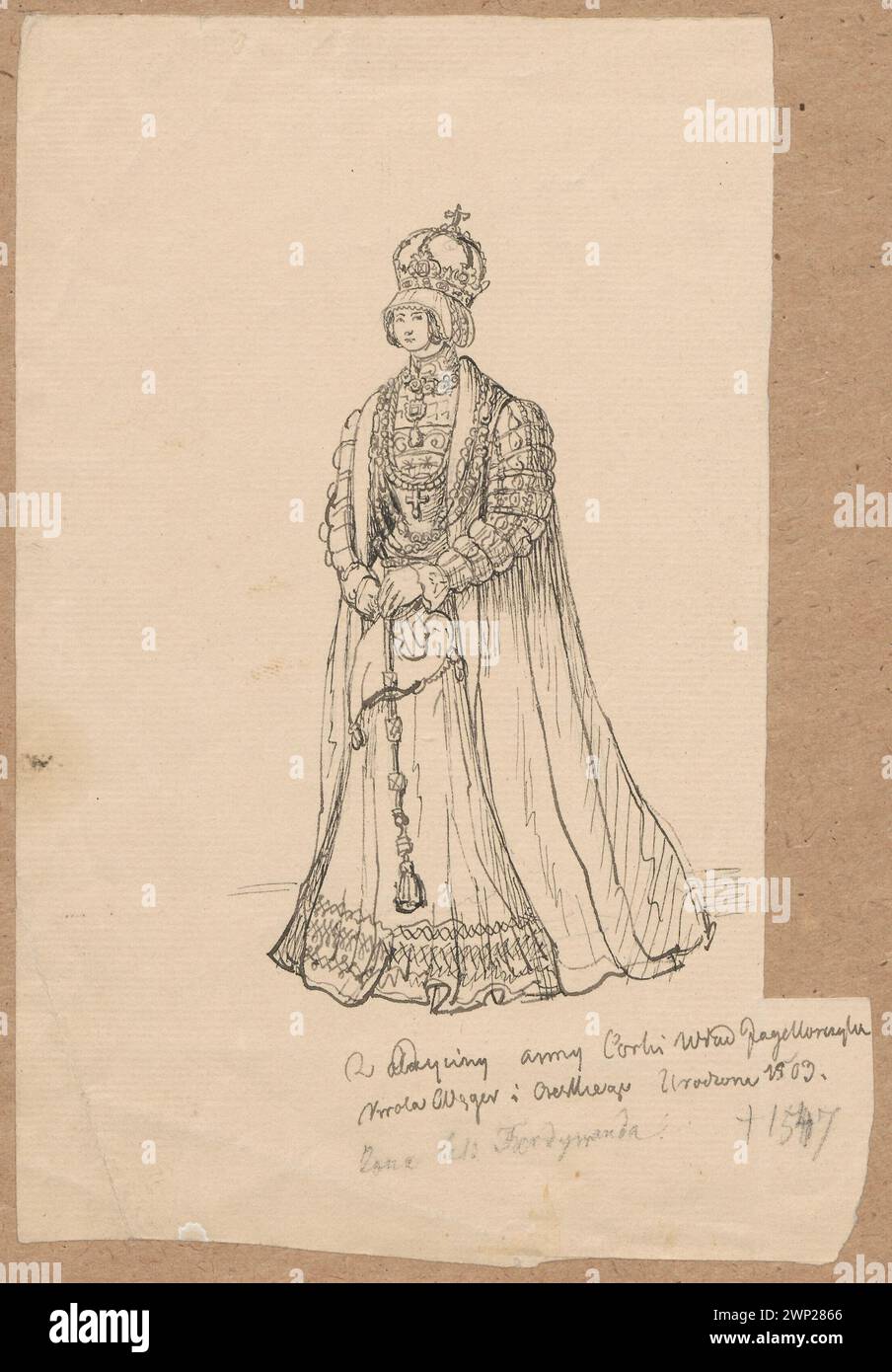 Dieses Porträt von Aleksander Lesser zeigt Königin Anna Jagiellonka und hebt ihren Status, ihr Aussehen und ihre ikonographischen Attribute in einer Sammlung polnischer königlicher Porträts hervor. Stockfoto