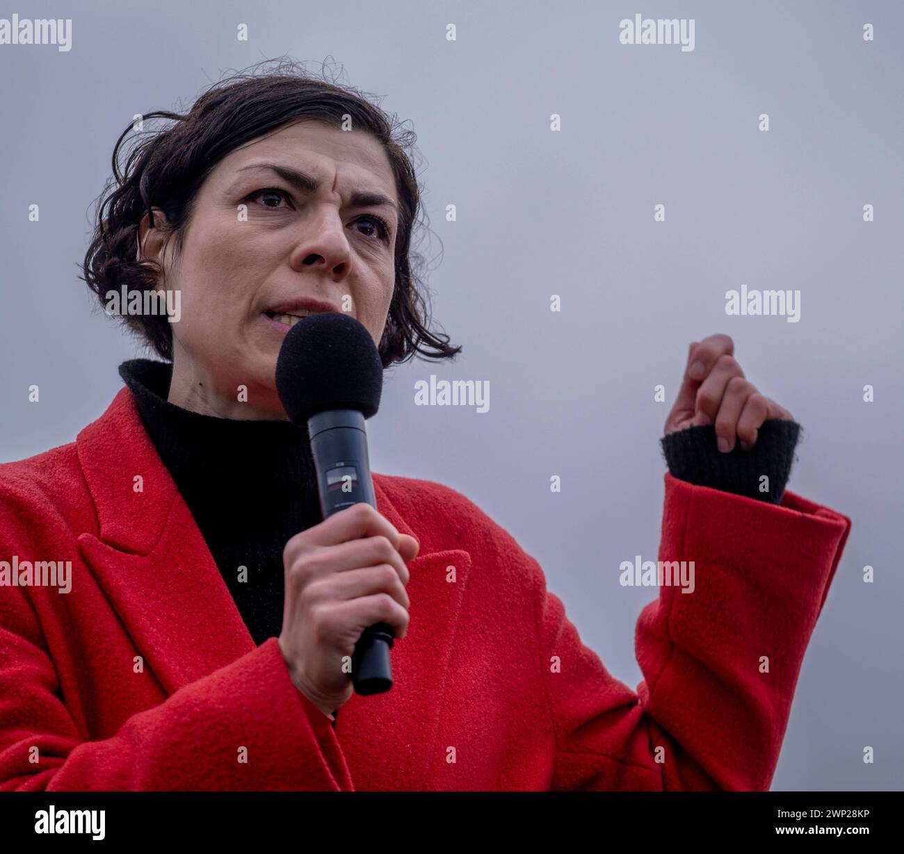 Medienunternehmen neue deutsche Medienmacher*innen Deutschland, Berlin, 03.02.2024, Rednerinnen: Elena Koutidou neue deutsche Medienmacher*innen, WirSindDieBrandmauer, Protest gegen ein erstarken des Rechtsextremismus, dazu aufgerufen hatte das Bündnis Hand in Hand - jetzt solidarisch aktiv werden. Im Anschluss an eine Kundgebung auf der Wiese vor dem Reichstagsgebäude, Â *** Medienunternehmen neue deutsche Medienmacherin Deutschland, Berlin, 03 02 2024, Referenten Elena Koutidou neue deutsche Medienmacherinnen , WirSindDieBrandmauer, Protest gegen den Aufstieg des Rechtsextremismus, rief an Stockfoto