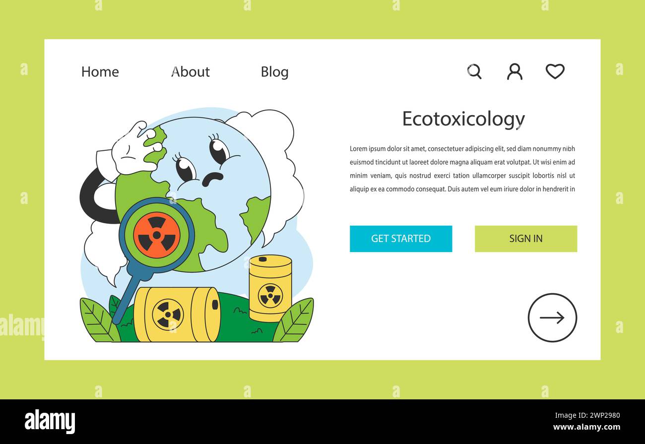 Webbanner oder Landing-Page für Ökotoxikologie. Untersuchungen über toxische Abfallwirkungen auf die Umwelt des Planeten. Ökosystemkontamination. Die Erde in Not mit nuklearen Symbolen. Illustration des flachen Vektors. Stock Vektor