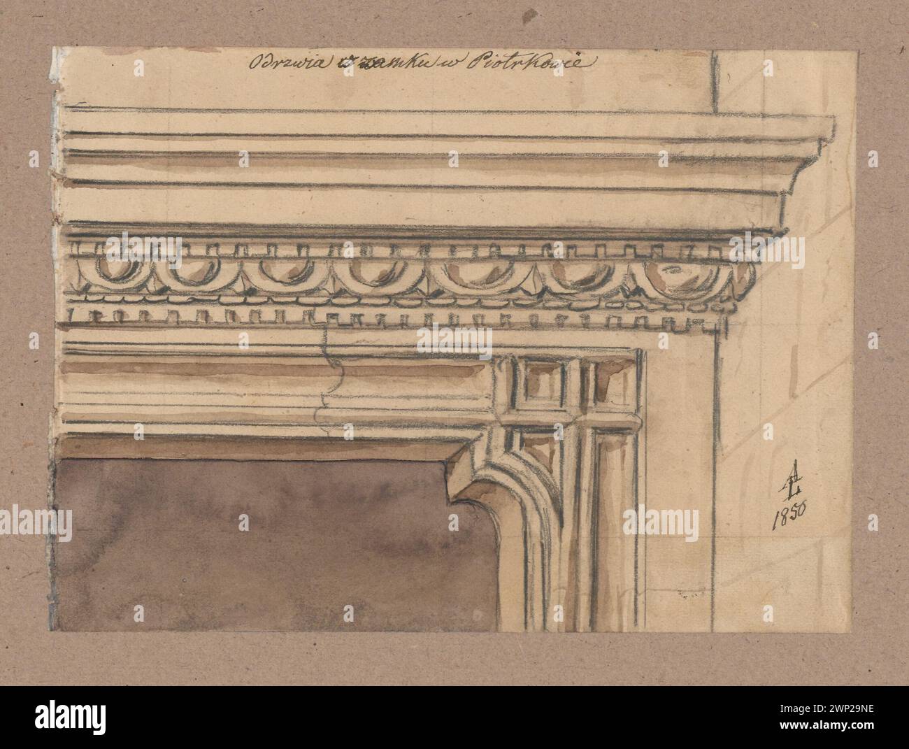 Aleksander Lessers Darstellung von 1850 zeigt ein Portalfragment der Königsburg Piotrków Trybunalski und betont architektonische Elemente und polnische Schlossornamente. Stockfoto