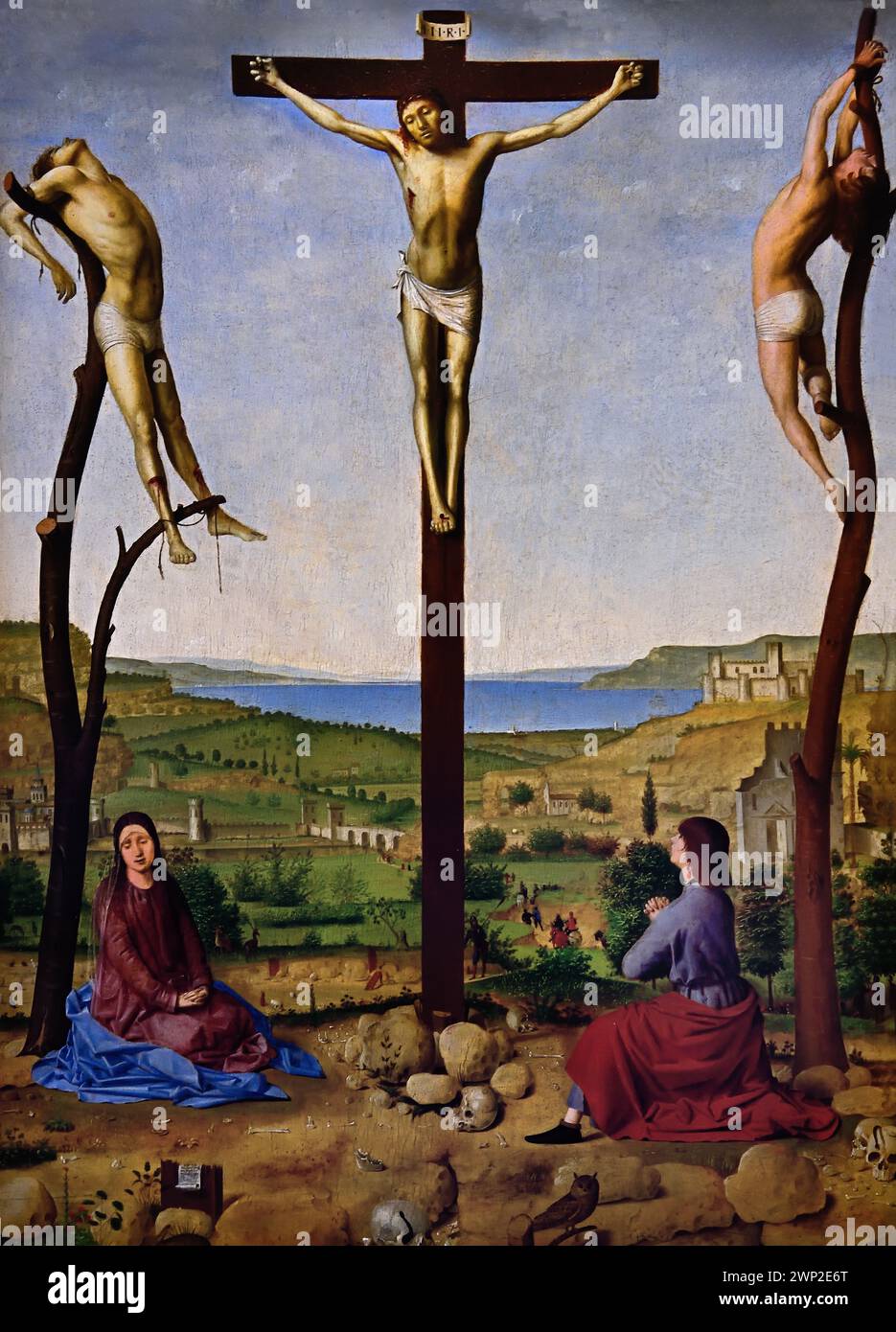 Calvary, 1475 von Antonello da Messina, Königliches Museum der Schönen Künste, Antwerpen, Belgien, Belgien. ( Maria und der Apostel Johannes ) Stockfoto