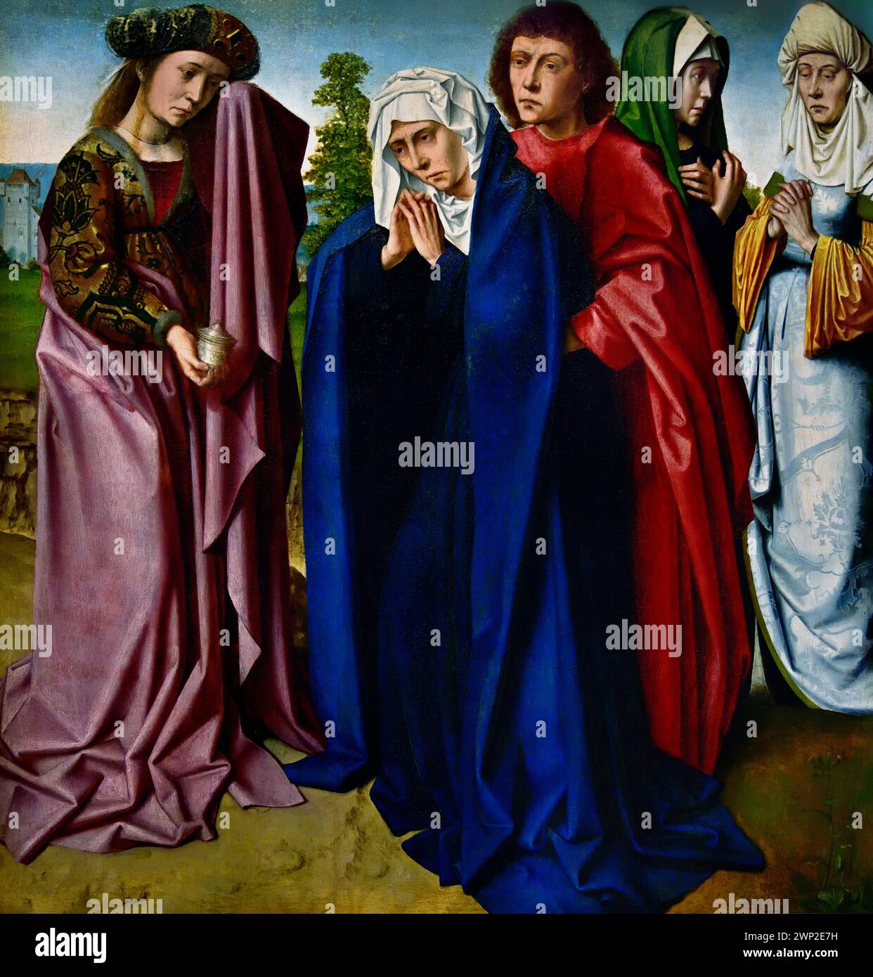 Die Jungfrau, der Heilige Johannes und die drei Maries Gerard David 1480-1485 Königliches Museum der Schönen Künste, Antwerpen, Belgien, Belgien. Stockfoto