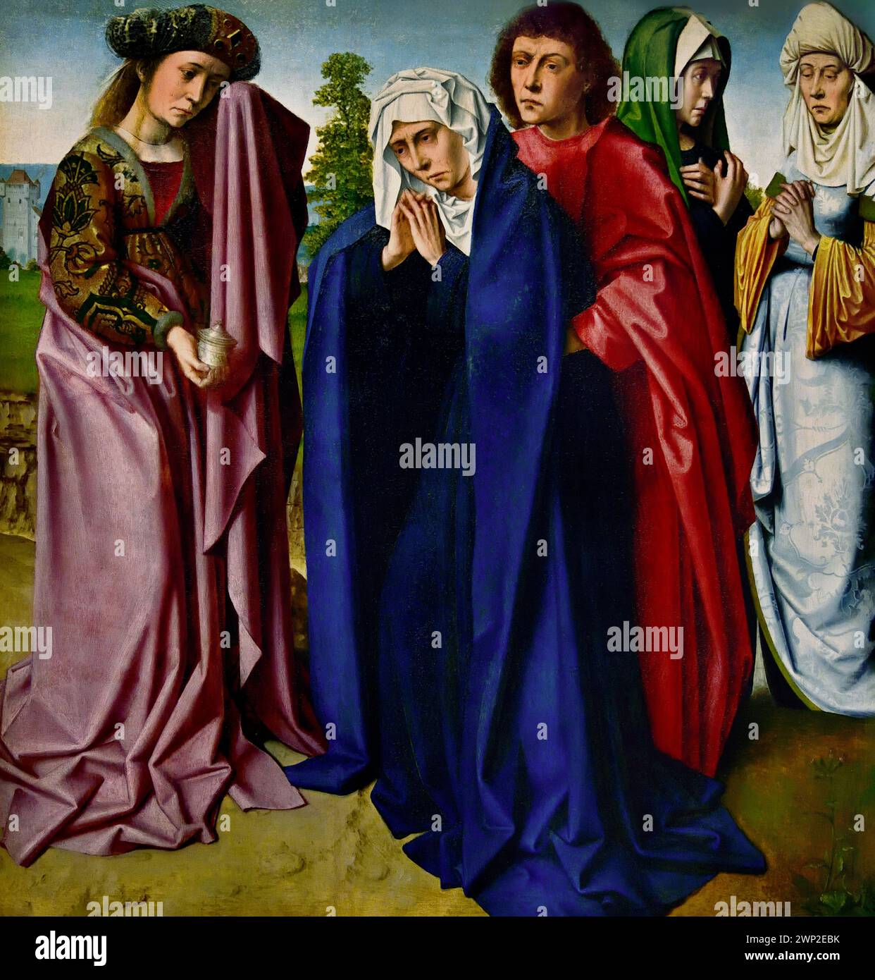 Die Jungfrau, der Heilige Johannes und die drei Maries Gerard David 1480-1485 Königliches Museum der Schönen Künste, Antwerpen, Belgien, Belgien. Stockfoto