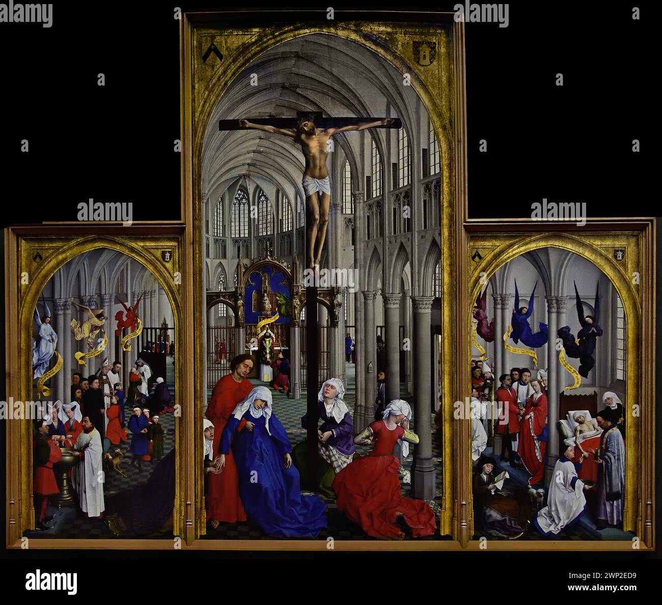 Die Sieben Sakramente ( Taufe, Bestätigung und Bekenntnis - Christus am Kreuz und die Eucharistie - Ordinatio, Heirat und extreme Auktion ) 1440-1445 von Rogier van der Weyden, Königliches Museum der Schönen Künste, Antwerpen, Belgien, Belgien. Stockfoto