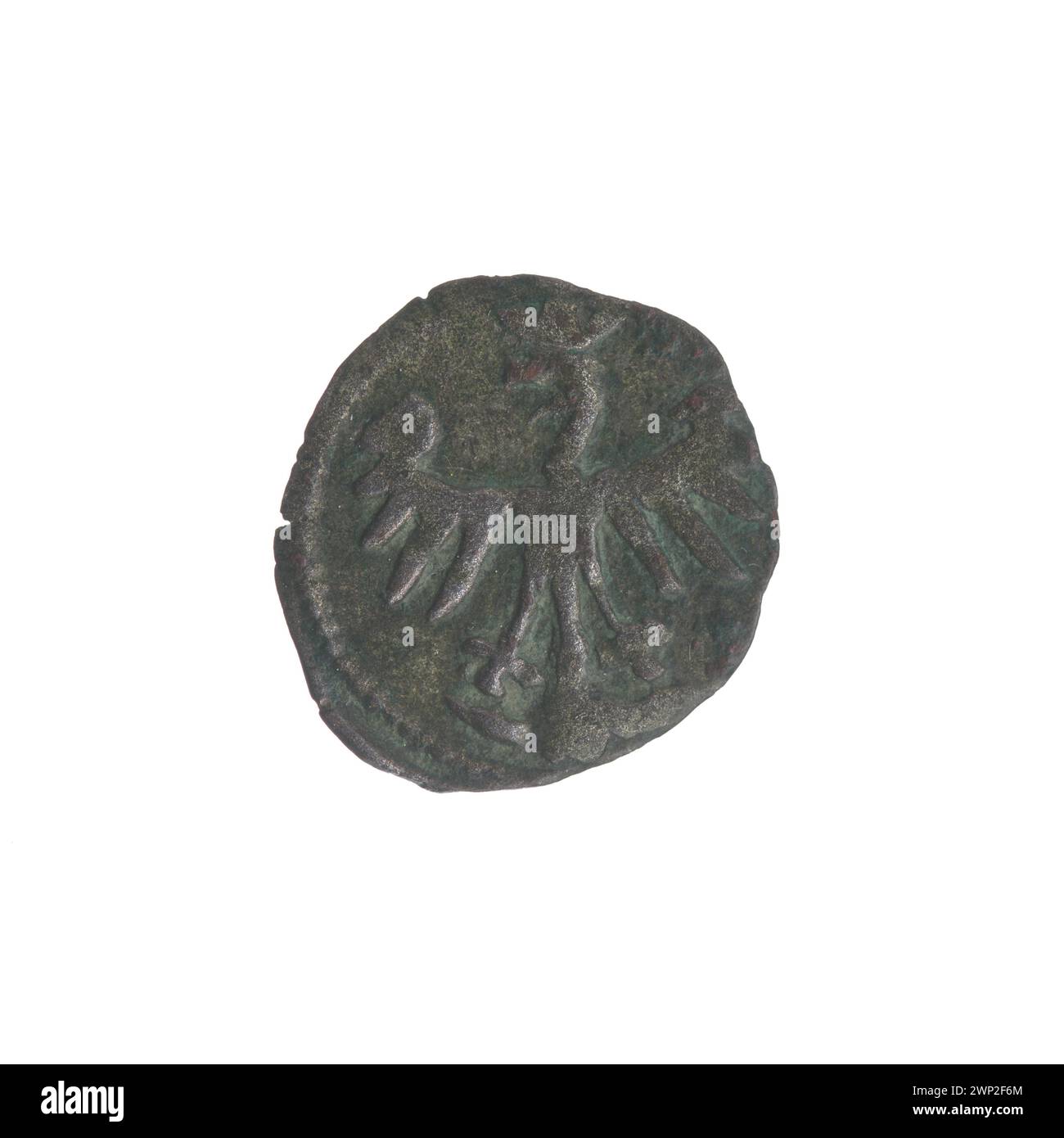 Silbermünze des Denars, die während der Regierungszeit von Władysław II. Jagiełło, König von Polen, zwischen 1386 und 1434 ausgegeben wurde. Stockfoto