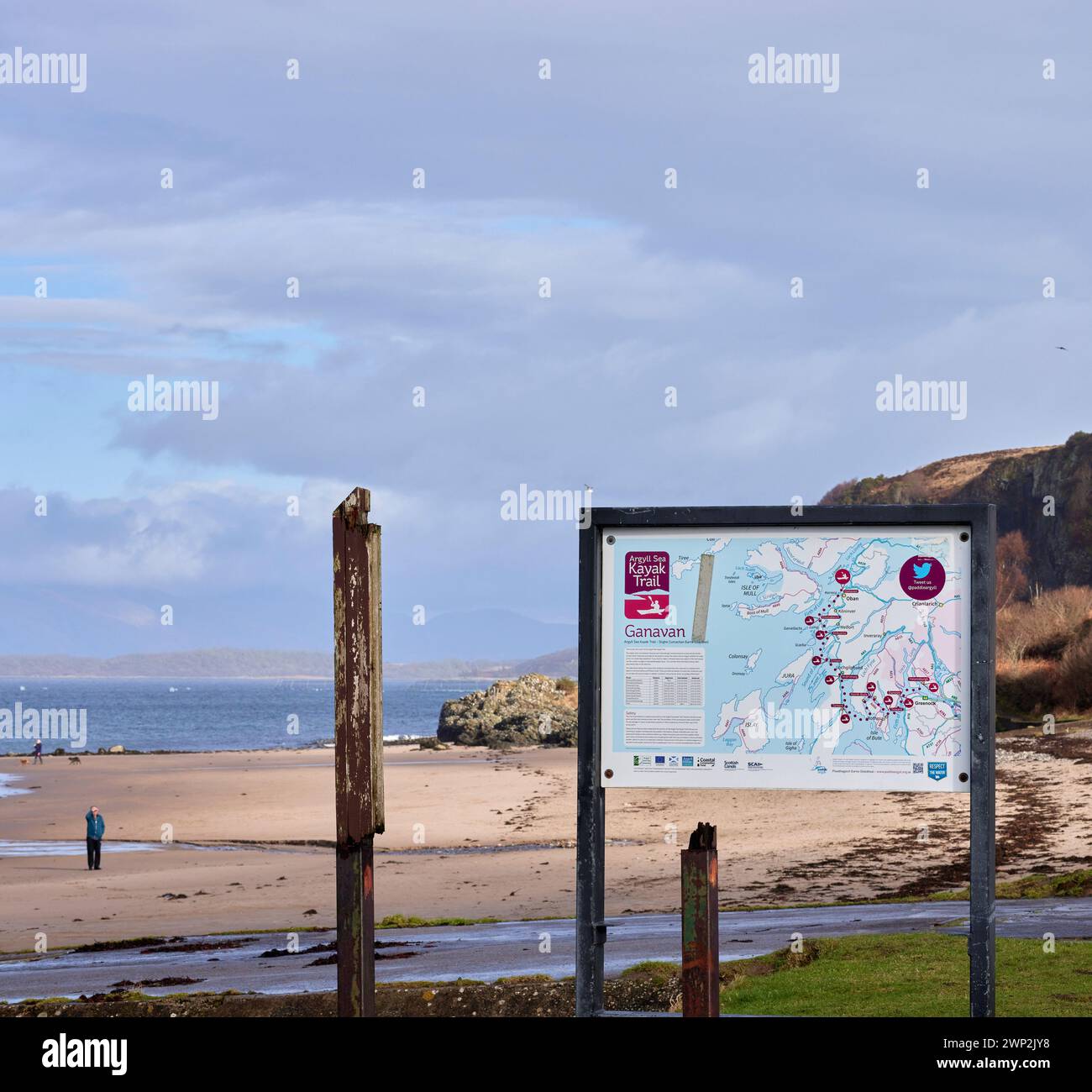 Informationsschild und Karte auf Ganavan Sands by Oban. Schottland Stockfoto