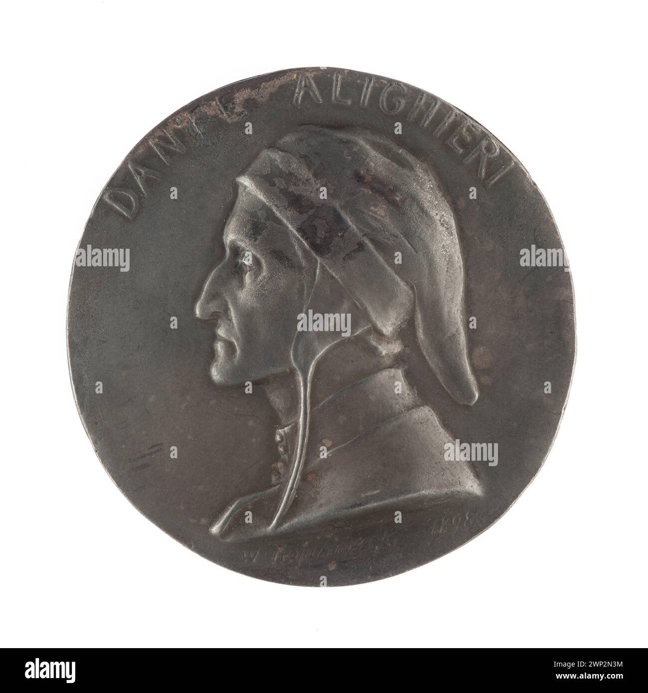 Diese Medaille von Wincenty Trojanowski aus dem Jahr 1898 zeigt Dante Alighieri im Stil der Secession mit Ikonographie. Stockfoto