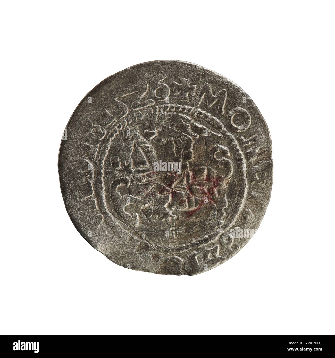 Dieser litauische Pfennig wurde 1526 während der Regierungszeit von König Sigismund I. dem Alten Polen geprägt. Die Münze zeigt den Namen und Titel des Königs sowie das Jahr der Prägung. Es ist Teil der frühen Münzserie, die während seiner Herrschaft ausgegeben wurde. Stockfoto