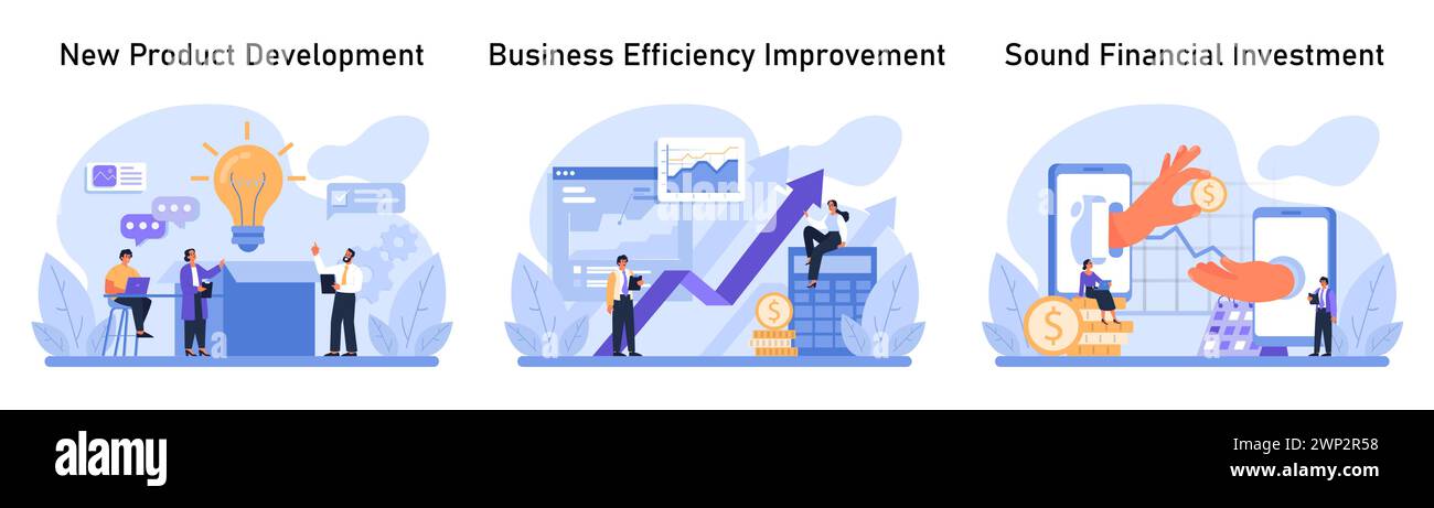 Geschäftskonzepte Festgelegt. Teams entwickeln ein neues Produkt, Profis steigern die Effizienz mit Daten und versierte Investoren maximieren die Rendite. Engagement trifft auf Innovation. Flacher Vektor. Stock Vektor