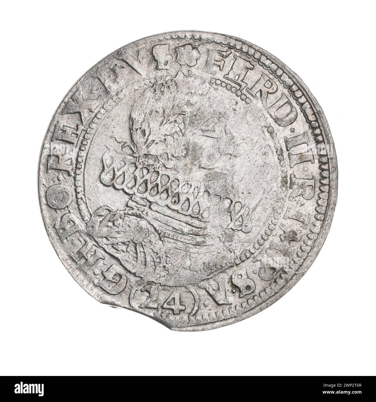 24 Krajcary; Ferdinand II. (Römisch-deutscher Kaiser; 1619–1637), Kirchner, Samuel (FL. 1621–1622); 1622 (1622-00-00-1622-00-00);Ferdynand II (römisch-deutscher Kaiser-1617-1637), Ferdynand II (römisch-deutscher Kaiser-1617-1637)-Ikonographie, vierpolnisches Wappen, Stadtwappen in der Kerza, Männerbüste im Lorbeerkranz, Männerbüste in Rüstung, Männerporträt rechts, Porträts der Herrscher, Wappen, Świdnica Kräuterschild (ikonogr). Stockfoto