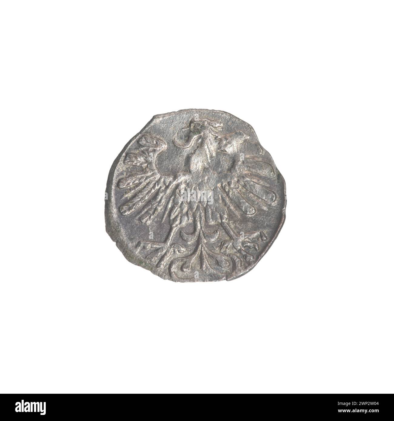 Silberdenar, geprägt 1559 in Vilnius während der Regierungszeit von König Sigismund II. August vom Großherzogtum Litauen. Die Münze zeigt auf der Vorderseite ein gekröntes Monogramm „SA“ und auf der Rückseite einen Ritter zu Pferd. Er wiegt etwa 0,20–0,32 Gramm und hat einen Durchmesser von 11–13 mm. Klassifiziert als selten (R3) nach numismatischen Referenzen. Stockfoto