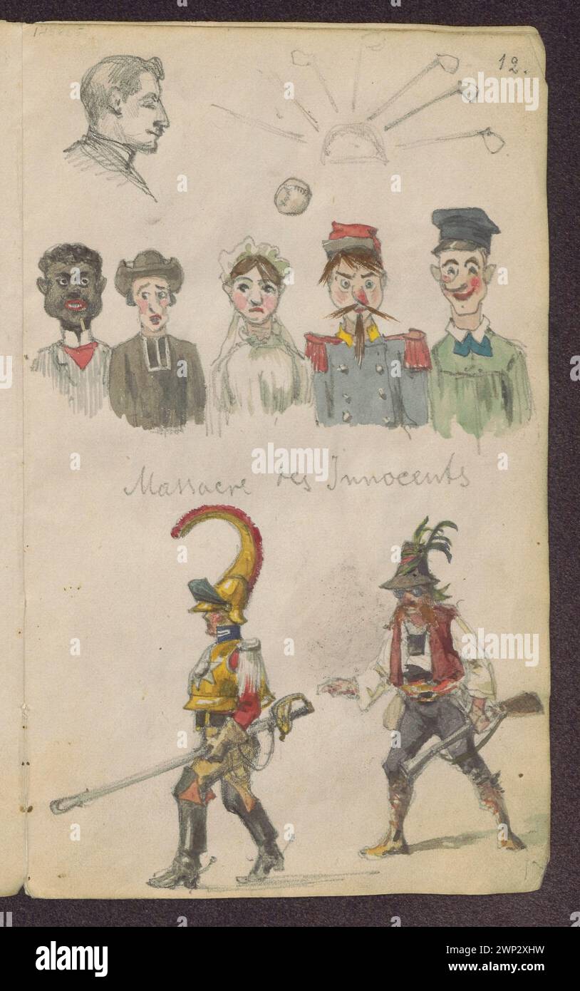 Diese Sammlung von Jan Stanis Awski aus dem Jahr 1885 enthält Karikaturskizzen auf der Rückseite des Jasze-Werks, die zwei Erdrutsche, zwei Lücken und Charakterstudien darstellen. Stockfoto