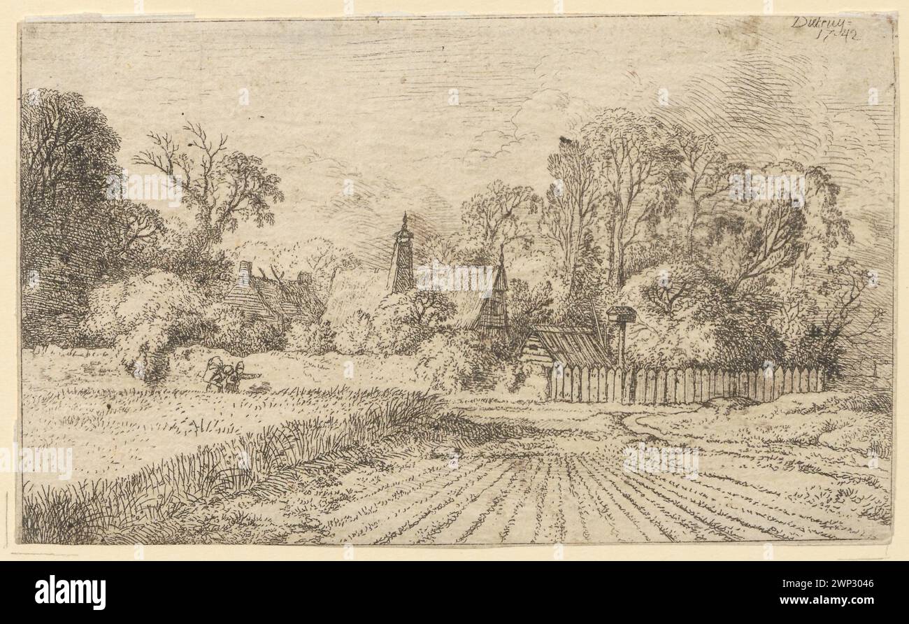 1742 eine Landschaft von Dietrich mit ländlichen Gebäuden, einer Straße und Maisfeldern, Teil der Sammlung des Schlesischen Museums der Schönen Künste. Stockfoto