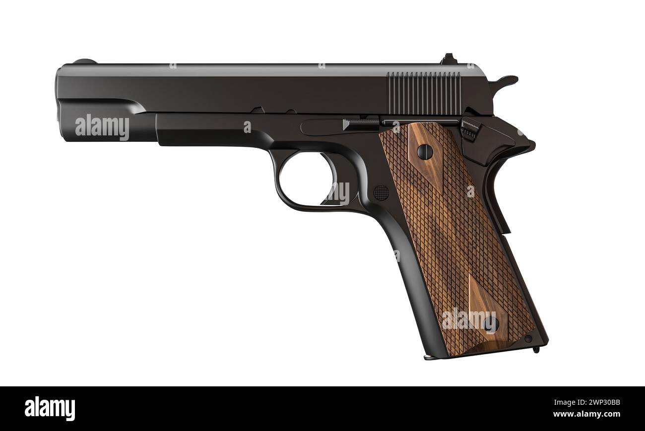 Detailbild einer schwarzen halbautomatischen Pistole mit strukturiertem Griff. 3D-Rendering Stockfoto