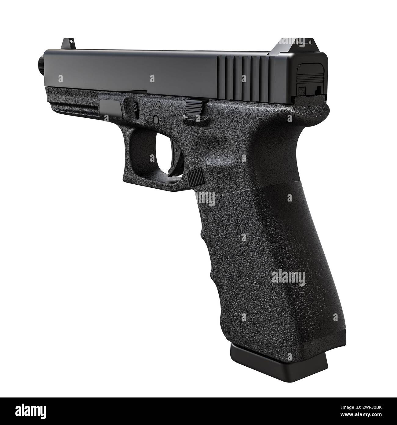 Schwarze halbautomatische Pistole mit taktischem Design auf weißem Hintergrund. 3D-Rendering Stockfoto
