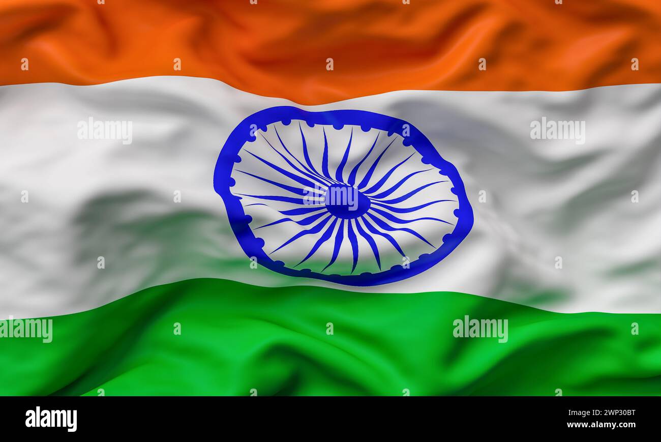 Detaillierte Nahaufnahme der indischen Nationalflagge, die sich im Wind wölbt. 3D-Rendering Stockfoto