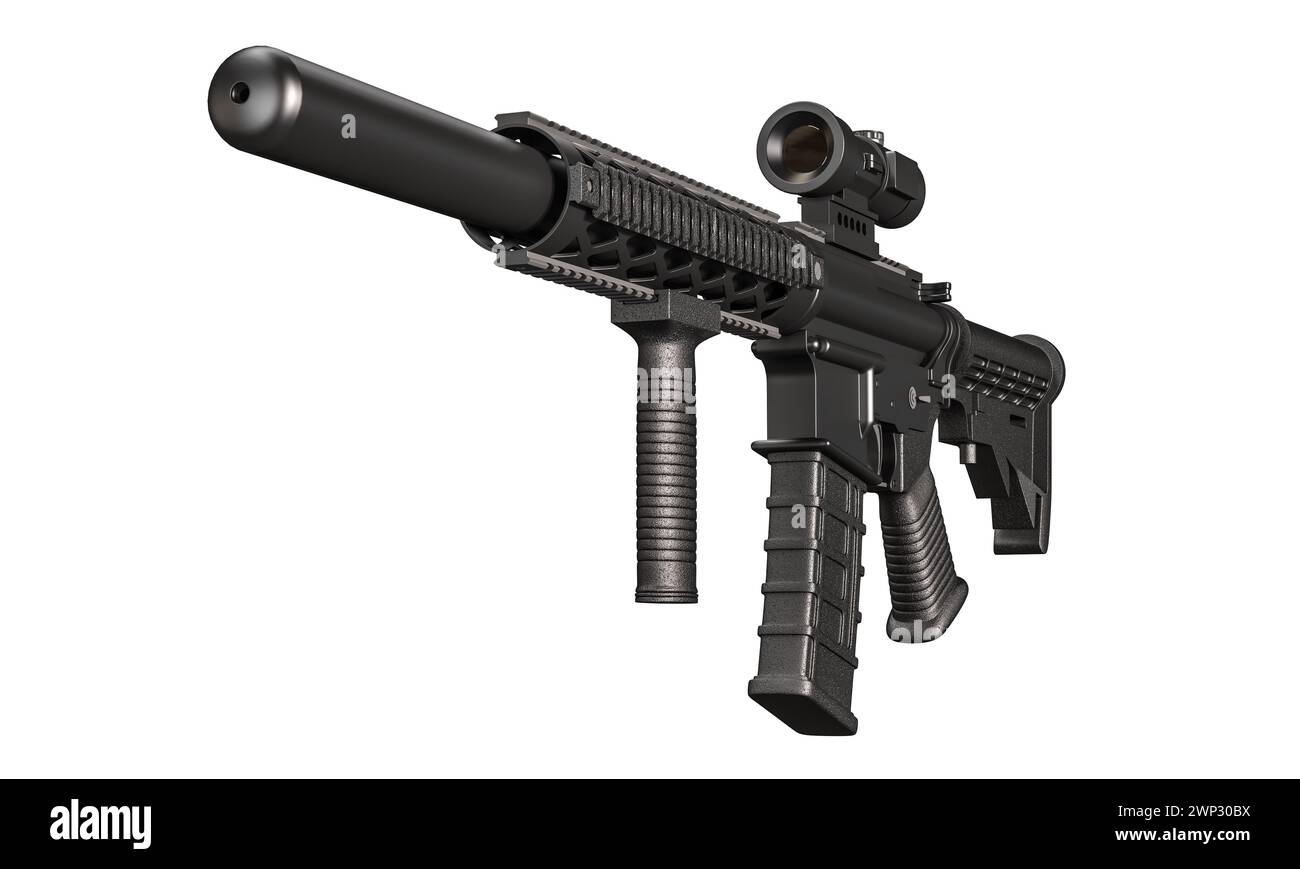Gewehr mit Oszilloskop auf weißem Hintergrund. 3D-Rendering Stockfoto