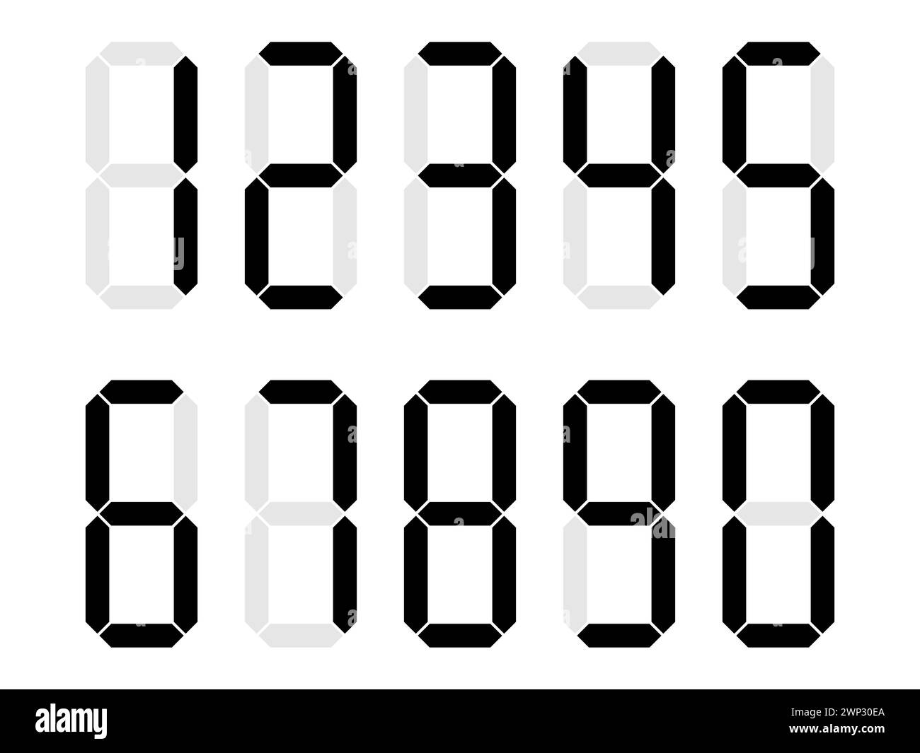 Digitale Uhrennummern eingestellt. Elektronische Zahlen. Schwarze digitale Taschenrechnernummern. Vektorabbildung. Stock Vektor