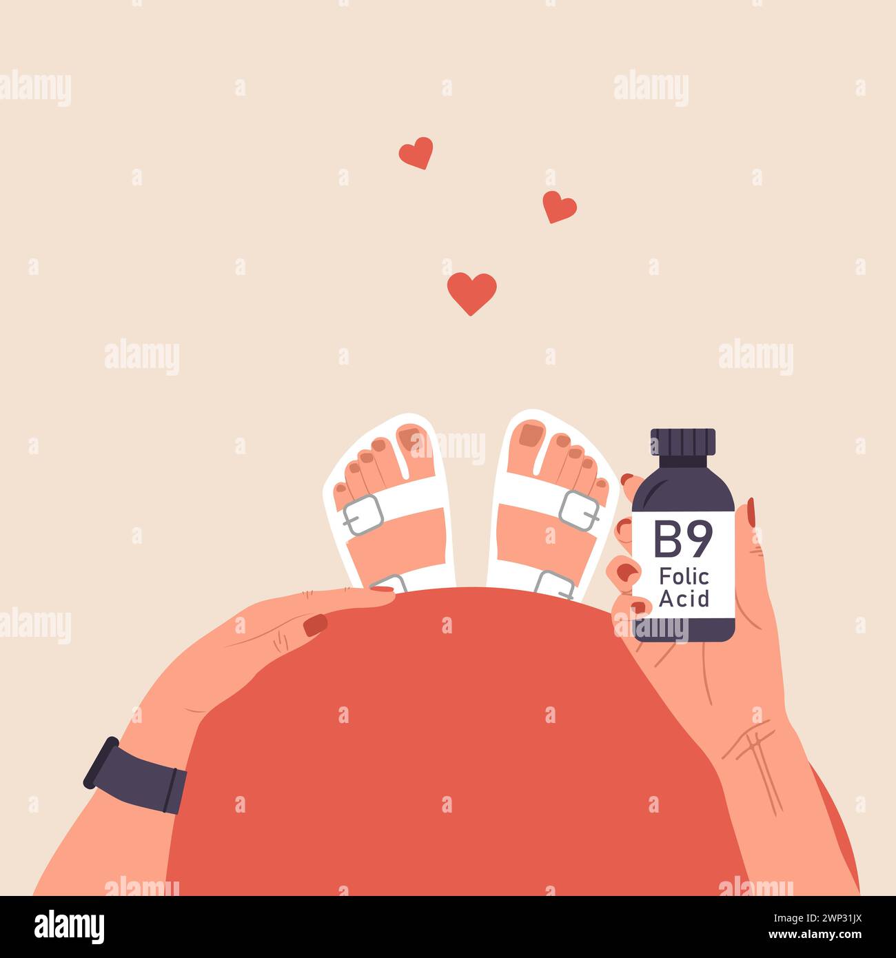 Folsäure. Weibliche Hand mit Vitamin B9. Draufsicht auf den Schwangerschaftsbauch. Risikoreduzierung. Frau, die Vitamine für die Gesundheit des Babys nimmt. Ergänzungen für Stock Vektor