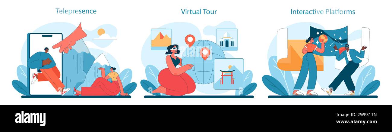 Virtuelles Tourismusset. Nahtlose Telepresence, ansprechende virtuelle Touren und dynamische interaktive Plattformen für die weltweite Erkundung. Vektorabbildung. Stock Vektor