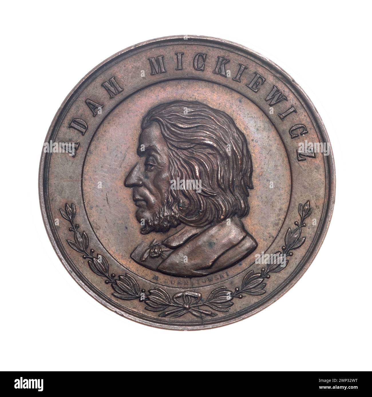 Eine Medaille aus dem Jahr 1898, die an die Enthüllung des Adam-Mickiewicz-Denkmals in Krakau durch Mieczysław Kurnatowski erinnert, mit Inschriften, Sezessionsstil und Tribut an den Dichter. Stockfoto