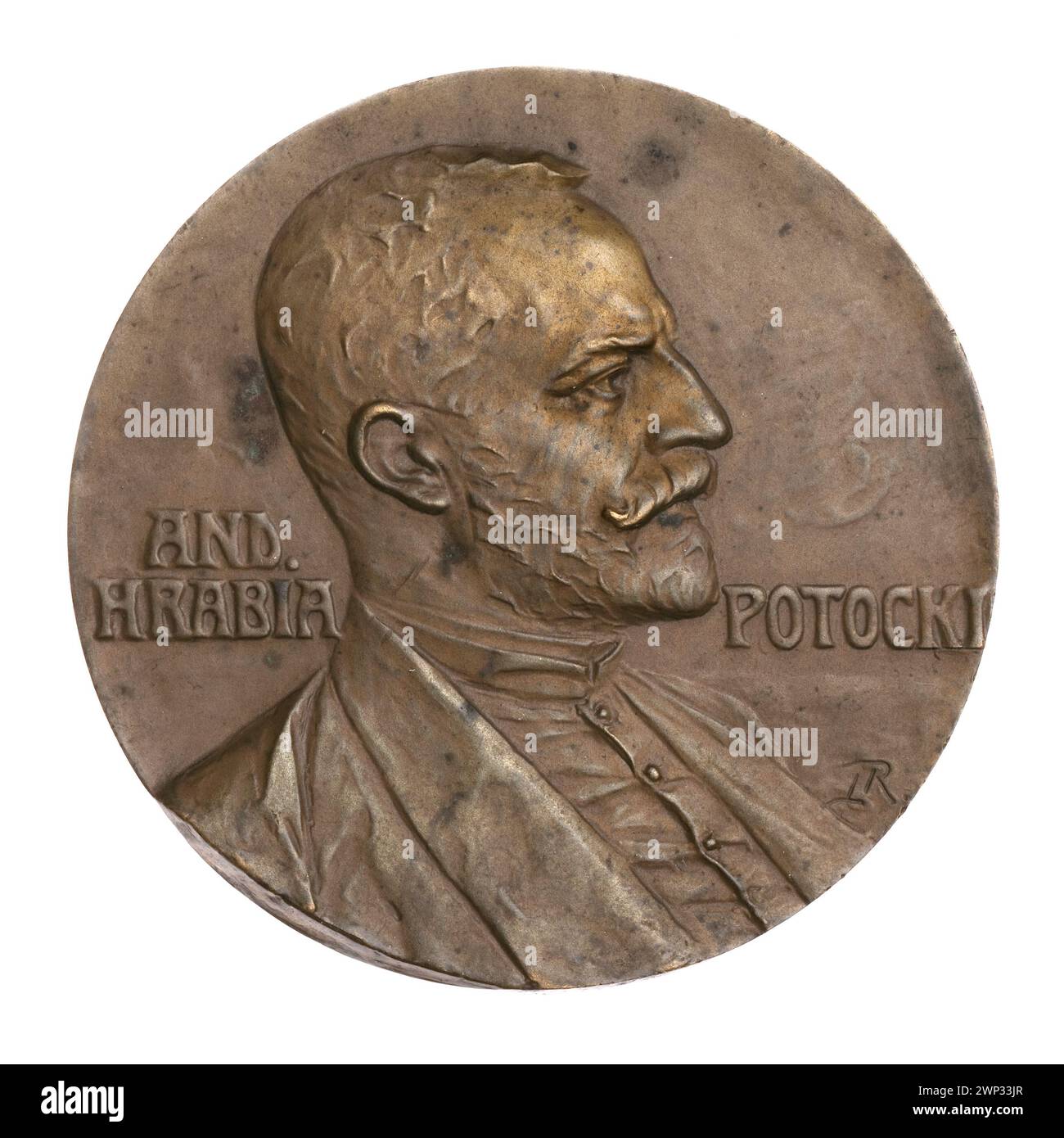 Eine posthume Medaille aus dem Jahr 1908 an Andrzej Graf Potocki, entworfen von Jan Raszka und den Brüdern Schneider im Secession-Stil, bezogen auf das polnische Erbe. Stockfoto