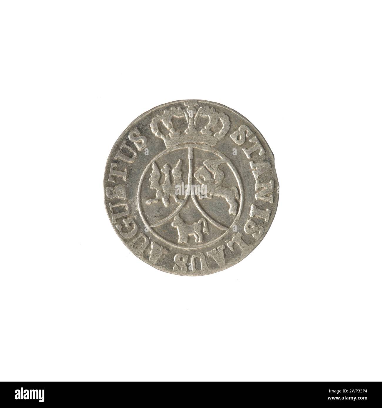 Diese Darstellung von König Stanisław August Poniatowski aus dem Jahr 1795 zeigt ihn mit der „Krone sechs“, die die königliche Autorität und die zeremonielle Insignien des polnischen Königreichs repräsentiert. Stockfoto