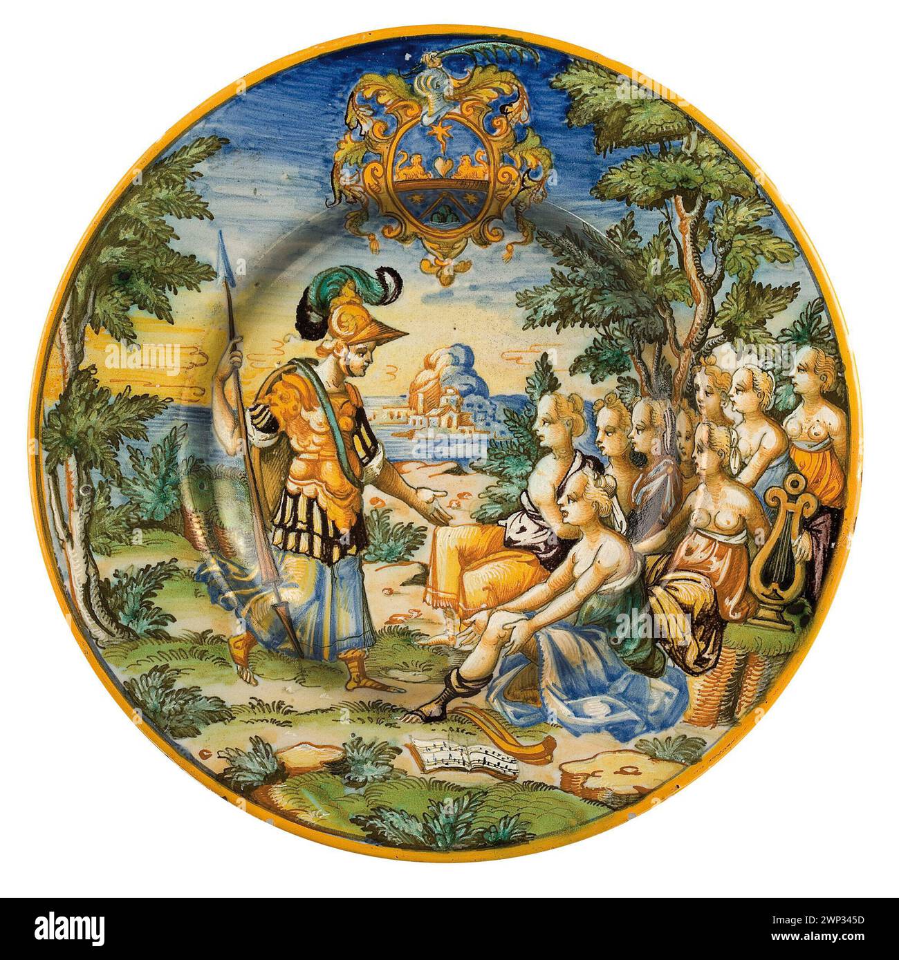 Ein Kunstwerk aus dem 16. Jahrhundert von Alfonso Patanazzi zeigt Halbzecken aus dem heraldischen Dienst, darunter mythologische und musikalische Szenen im Istoriata-Stil, die in Szymon Szwarcs Sammlung aufbewahrt wurden. Stockfoto