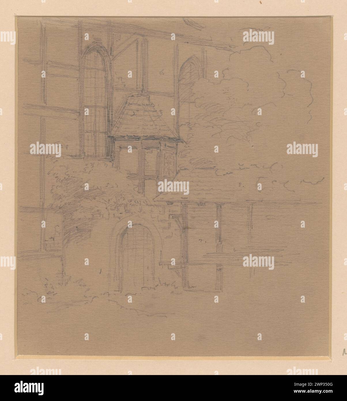 Zeichnung eines Fachwerkbaufragments von Julius Scholtz (1825-1893), 1850-1893, mit Holzarchitektur und deutscher Architekturwissenschaft. Teil der Sammlung Schlesisches Museum der Bildenden Künste, gestiftet von Hanna Scholtz. Stockfoto