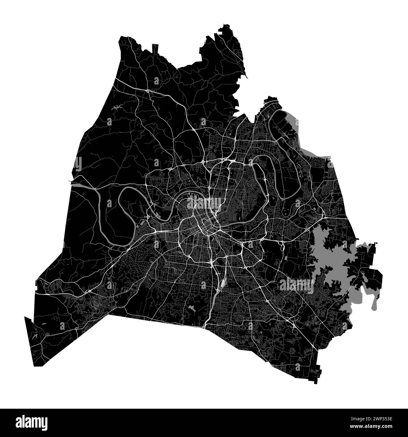 Stadtplan von Nashville, Vereinigte Staaten. Kommunale Verwaltungsgrenzen, Schwarzweiß-Landkarte mit Flüssen und Straßen, Parks und Eisenbahnen. Vektorillust Stock Vektor