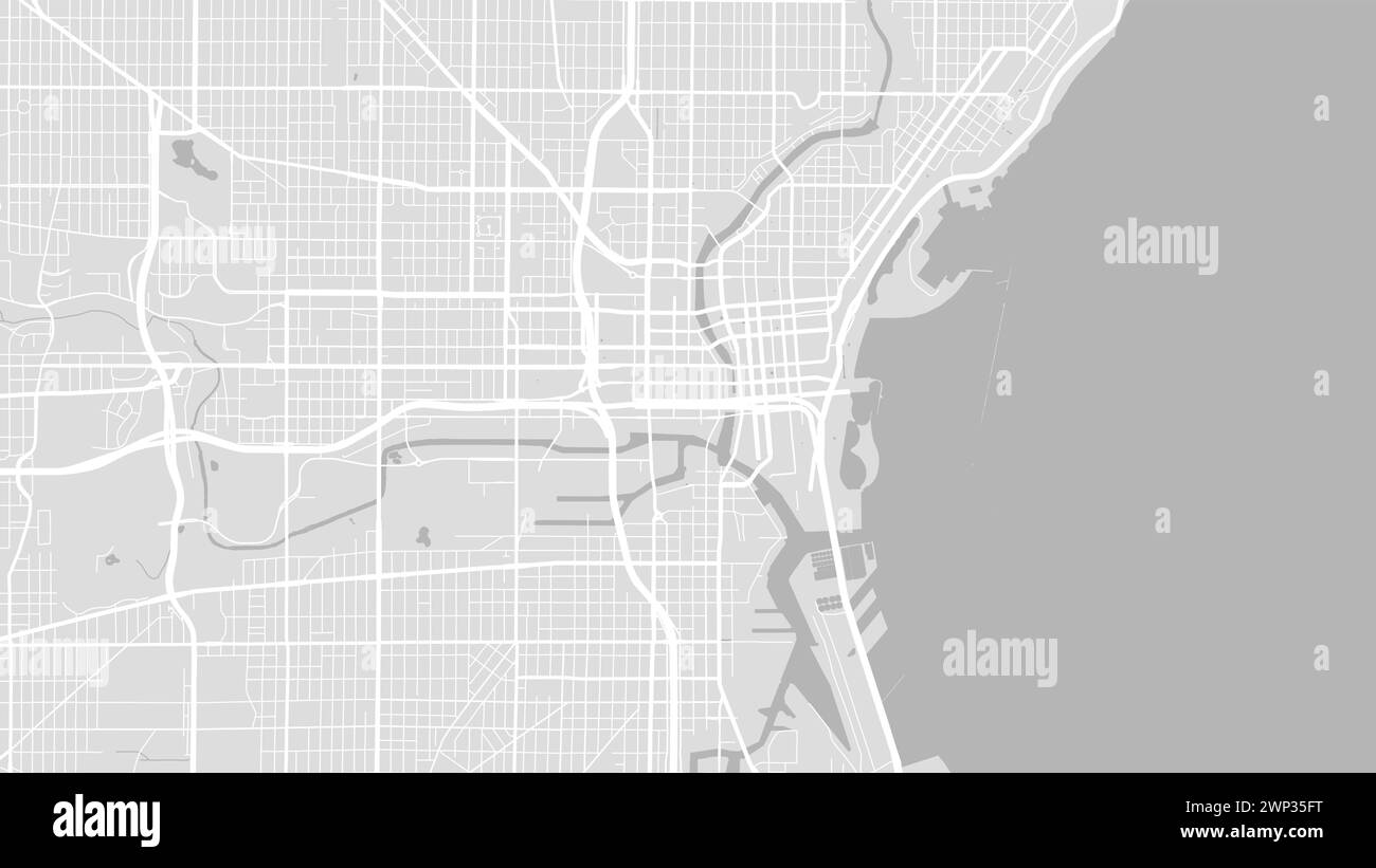 Hintergrund Milwaukee Karte, USA, weißes und hellgraues Stadtposter. Vektorkarte mit Straßen und Wasser. Breitbild-Proportionalformat, Digital Flat Design Roadmap. Stock Vektor