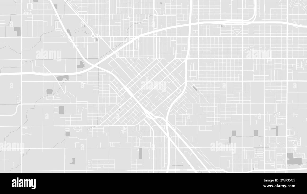 Hintergrundkarte von Fresno, USA, weißes und hellgraues Stadtposter. Vektorkarte mit Straßen und Wasser. Breitbild-Proportionalformat, Digital Flat Design Roadmap. Stock Vektor