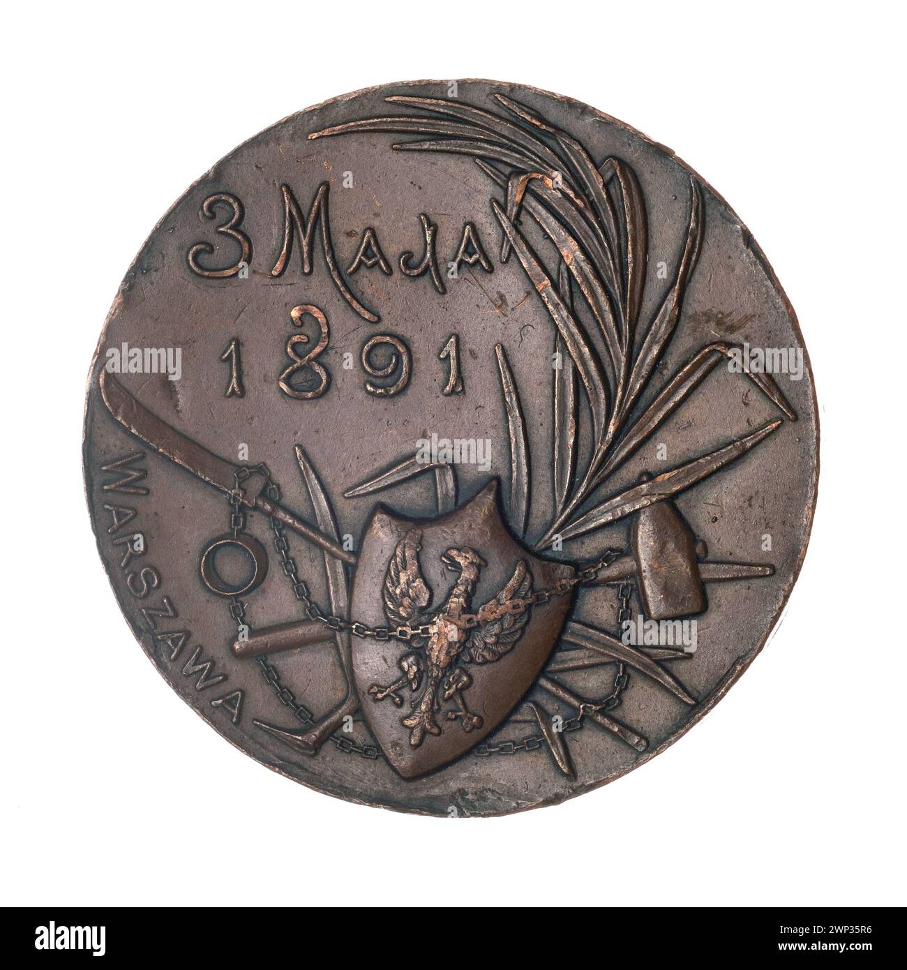 Eine Gedenkmedaille aus dem Jahr 1891 anlässlich des hundertjährigen Bestehens der polnischen Verfassung vom 3. Mai, mit heraldischen Symbolen und Design im Secession-Stil. Stockfoto