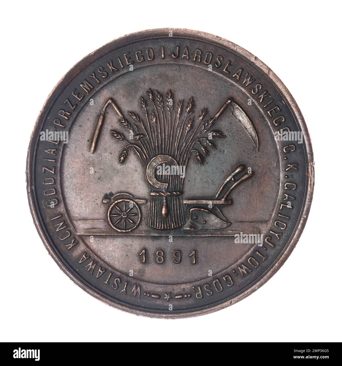 Eine Medaille, die 1891 bei der Pferdeausstellung Przemyśl und der Veranstaltung Jaros von der galicischen Wirtschaftsgesellschaft verliehen wurde, entworfen von Aleksander Schindler, die den Stil der Sezession, die landwirtschaftliche Leistung und die Tradition der polnischen Medaillen widerspiegelt. Stockfoto