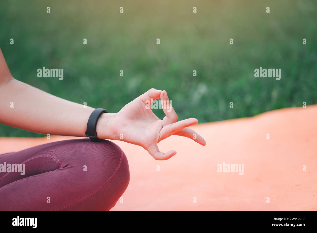 Asiatische Frau Yoga in Root Bond, Mula Bandha Pose auf der Matte im Outdoor-Park. Stockfoto