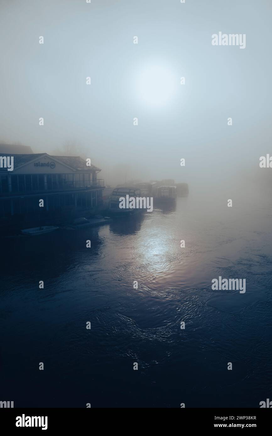 Sonnenaufgang Winter Nebelmorgen, Themse, Caversham, Reading, Berkshire, England, Großbritannien, GB. Stockfoto
