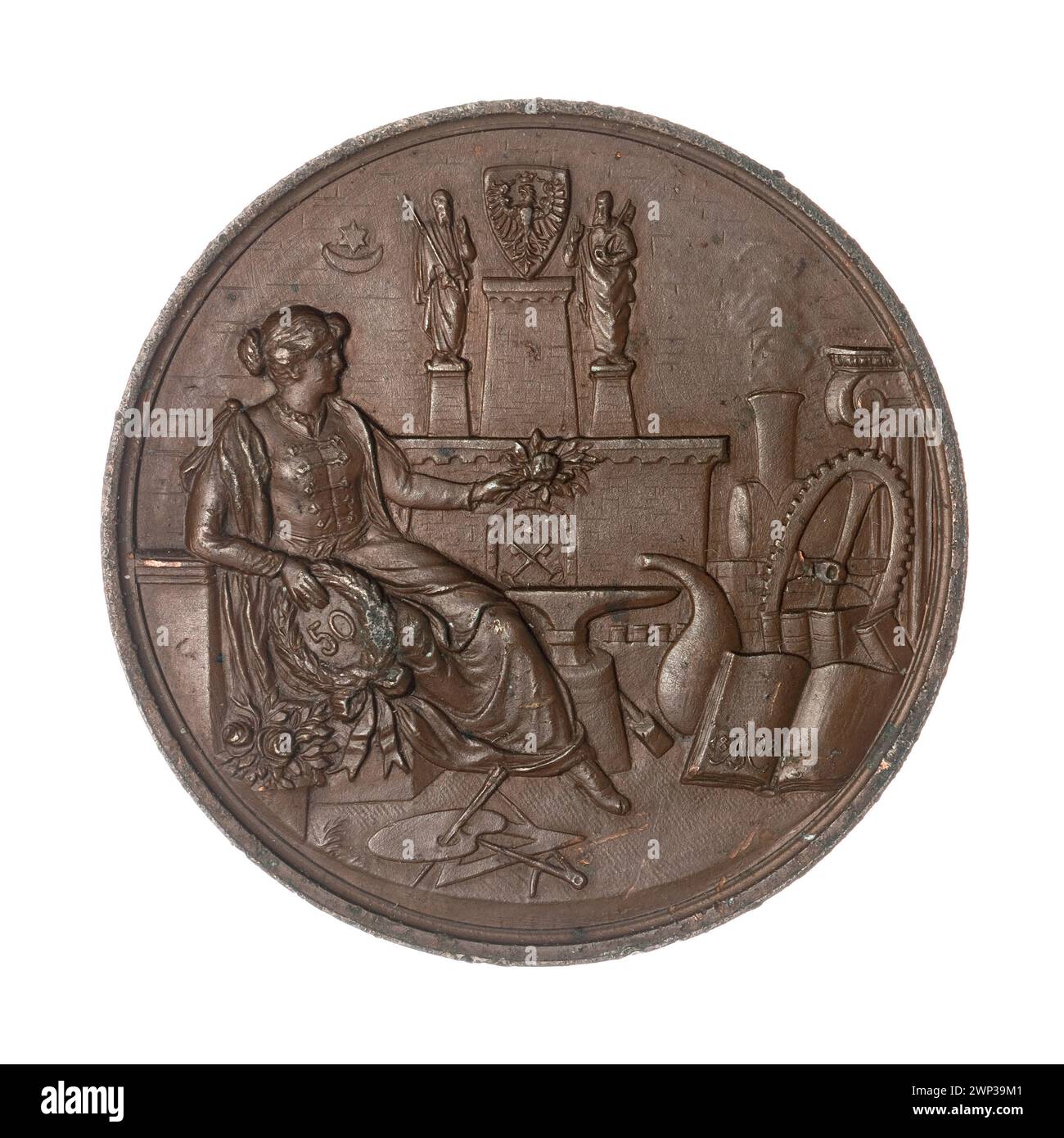 Dieses Dokument aus dem Jahr 1898 erinnert an den 50. Jahrestag der Industriegesellschaft in Poznań und verweist auf die industrielle Entwicklung und die Gesellschaft. Stockfoto