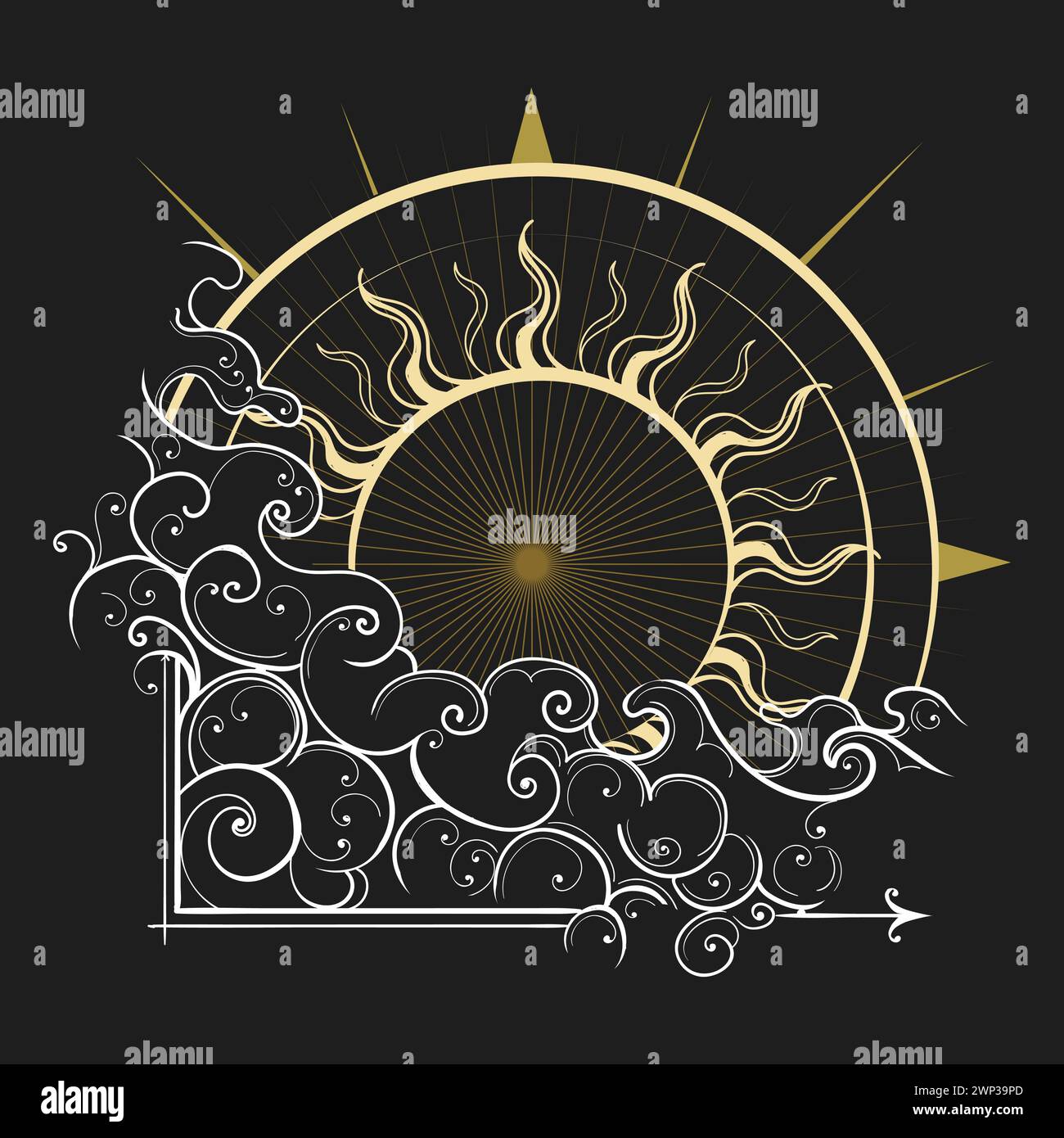 Altes heliozentrisches astrologisches Emblem der Sonne und der Wolken isoliert auf schwarzem Hintergrund Vektor-Illustration. Es wurde keine AI verwendet. Stock Vektor