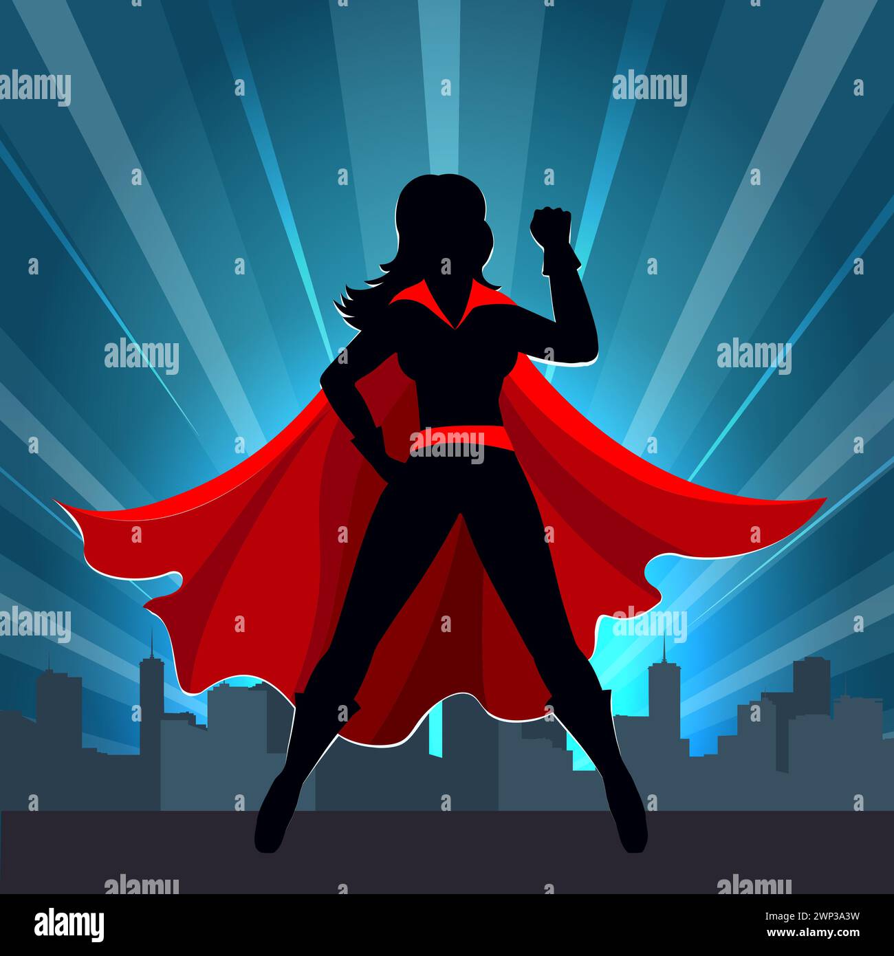 Superheldenfrau, die in roter Kappe gegen Nacht-Stadt-Skyline-Vektor-Illustration bleibt. Es wurde keine AI verwendet. Stock Vektor